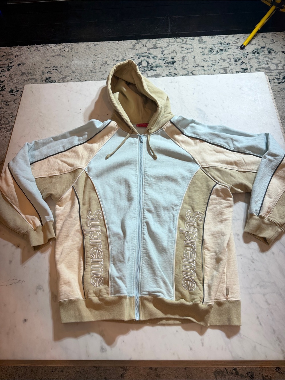 Supreme Pale Blue & Beige Colorblock Zip Hoodie with Embossed Logos